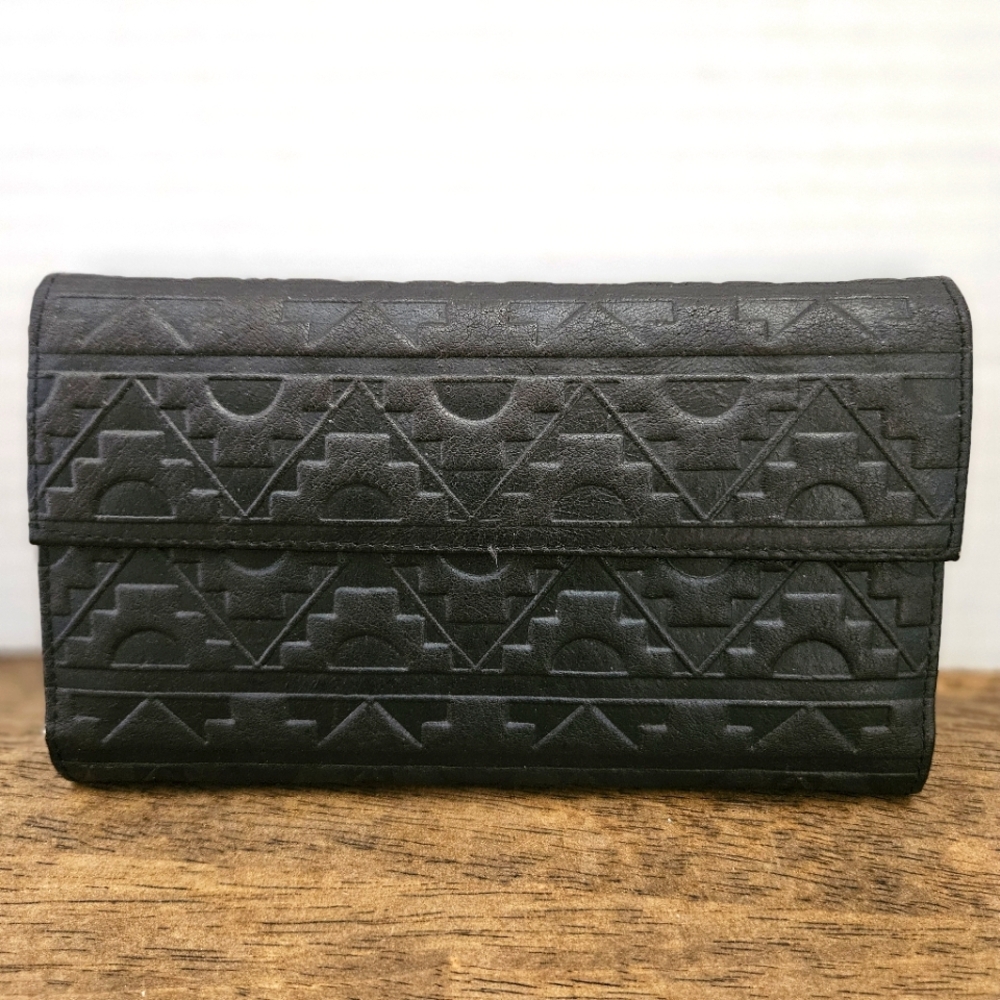 Genuine Leather Aztec Pattern Tooled Black Bifold Wallet